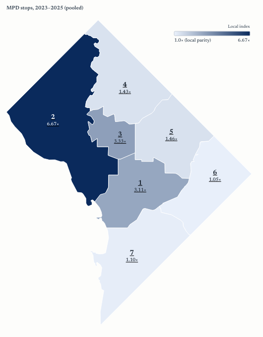 Map of DC police districts shaded by how far Black residents' share of stops exceeds their share of the population
